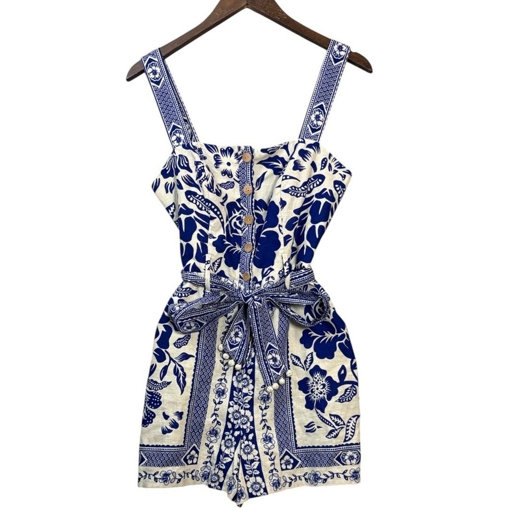 Rachel Zoe Blue and White Floral Print Tie-Waist Romper - Picture 2 of 10